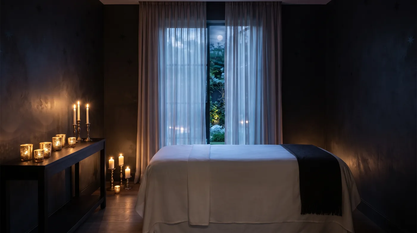 Moonlit indoor swimming pool with gold accent lighting