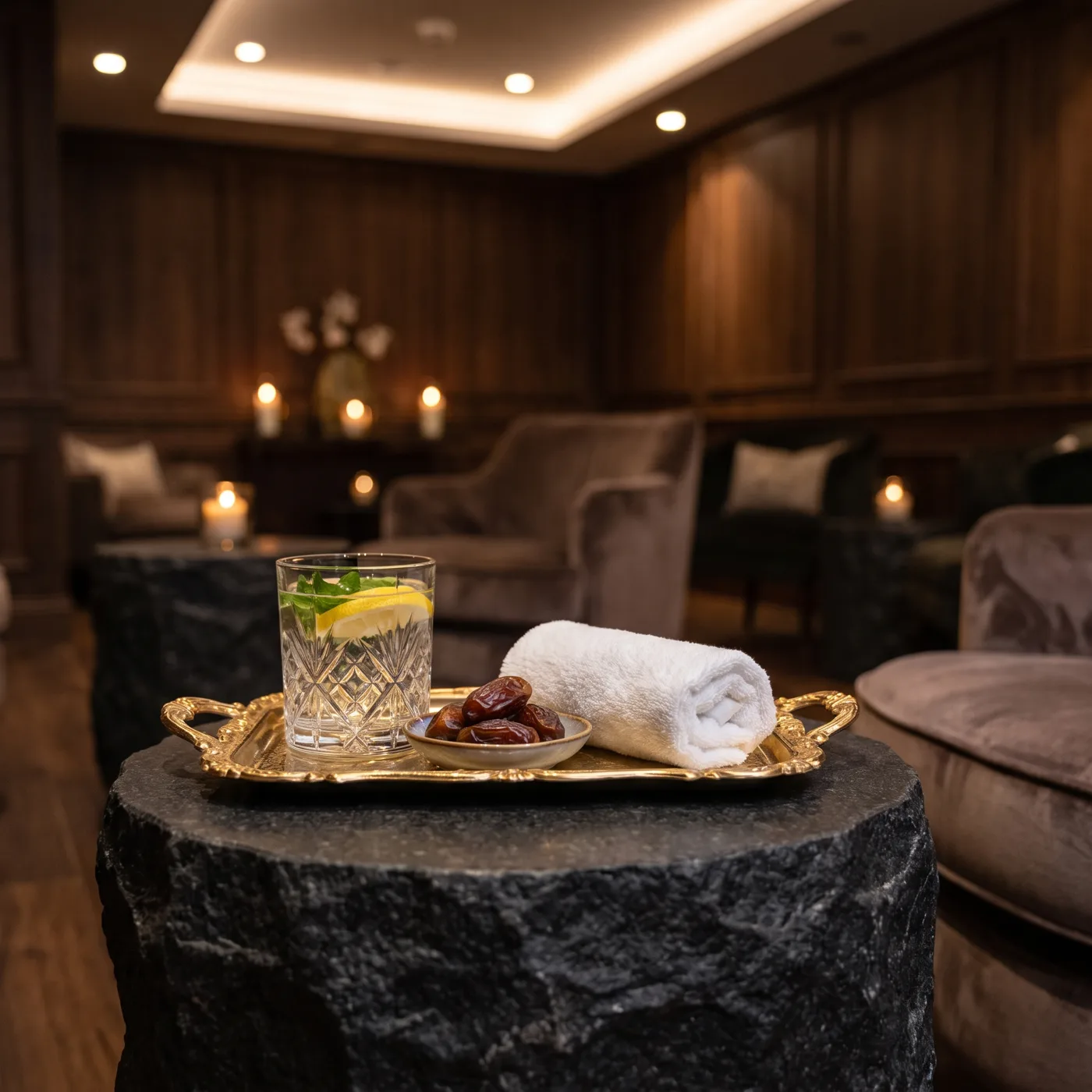 Gold tray with a welcome refreshment in the Cosmic Spa relaxation lounge