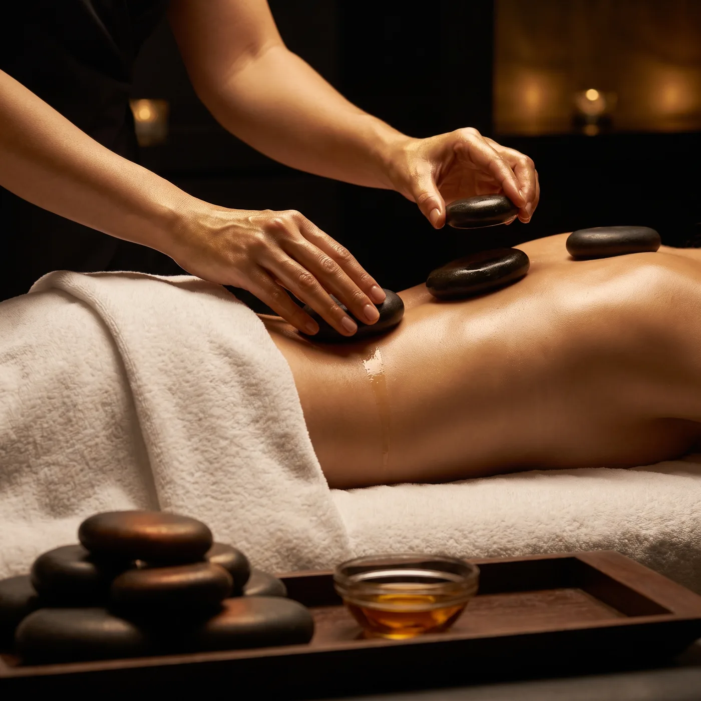 Hot stone and oil massage detail in a dark treatment room